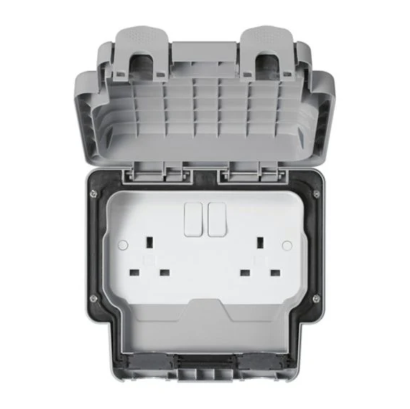 MK 13A Two Gang Weatherproof Switch Socket 56482GRY, Weather Resistant Outdoor Dual Socket in Gray, Rated 13A, Suitable for Gardens, Garages, and Outdoor Electrical Appliances